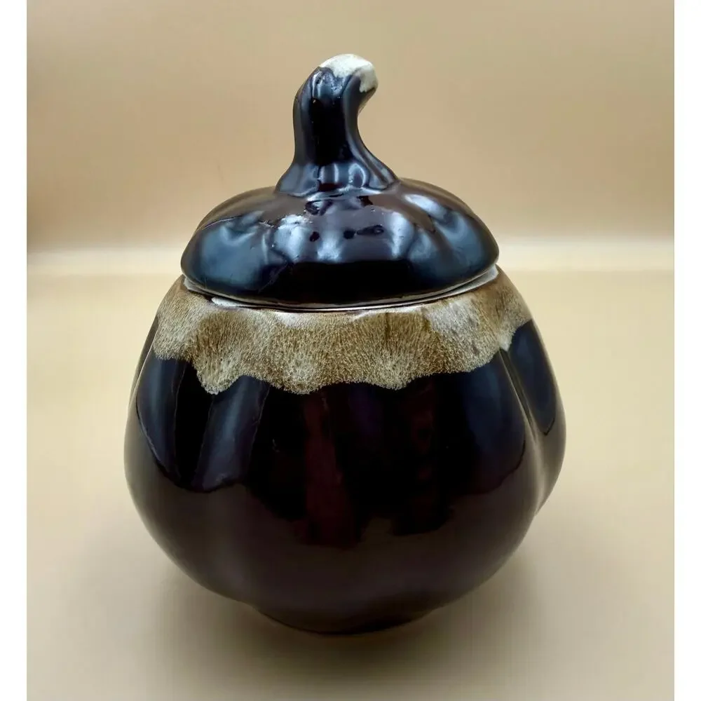 Vintage Studio Pottery Lidded Jar Tenmoku Drip Glaze Signed Monogram Stoneware